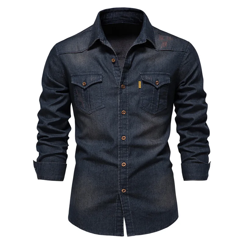 Top Trends: High Quality Men Denim Shirt Autumn Solid Color Pocket Long Sleeved Shirts Casual Slim Retro Denim Tops Mens Designer Clothing Shoppable Styles