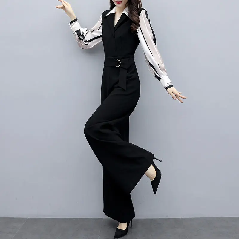 Top Trends: Korean Casual High Waist Wide Leg Pants Set Women's Clothing Spring Autumn Fashion Female Fake Two Pieces Spliced Jumpsuits Shoppable Styles