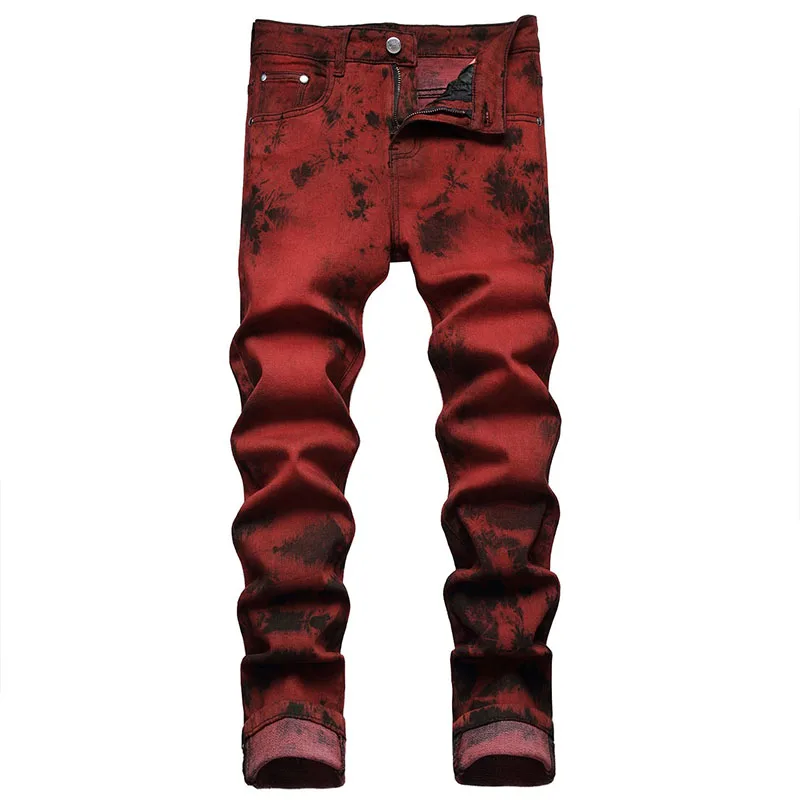 Top Trends: High Quality Slim-fit Jeans For Men Tie-dye Snow Wash Brick Red Denim Straight Pants Streetwear Fashion Casual Trousers Shoppable Styles