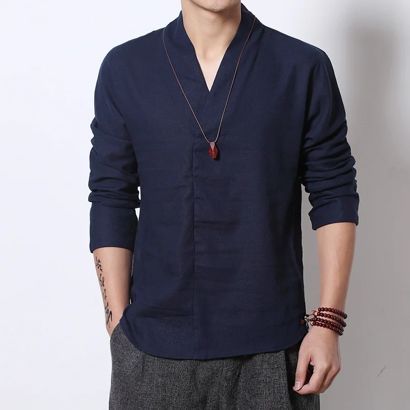 Top Trends: Linen Shirts Men Fashion Long Sleeve Shirts Chinese Style Harajuku V-neck Shirts Male Shoppable Styles - Image 3