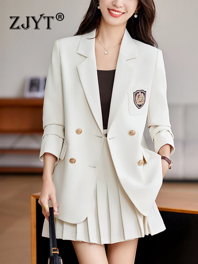 Top Trends: ZJYT Autumn Elegant Blazer Suits Mini Pleated Skirt Two Piece For Women 2023 Preppy Style White Black Outfit Office Dress Sets Shoppable Styles