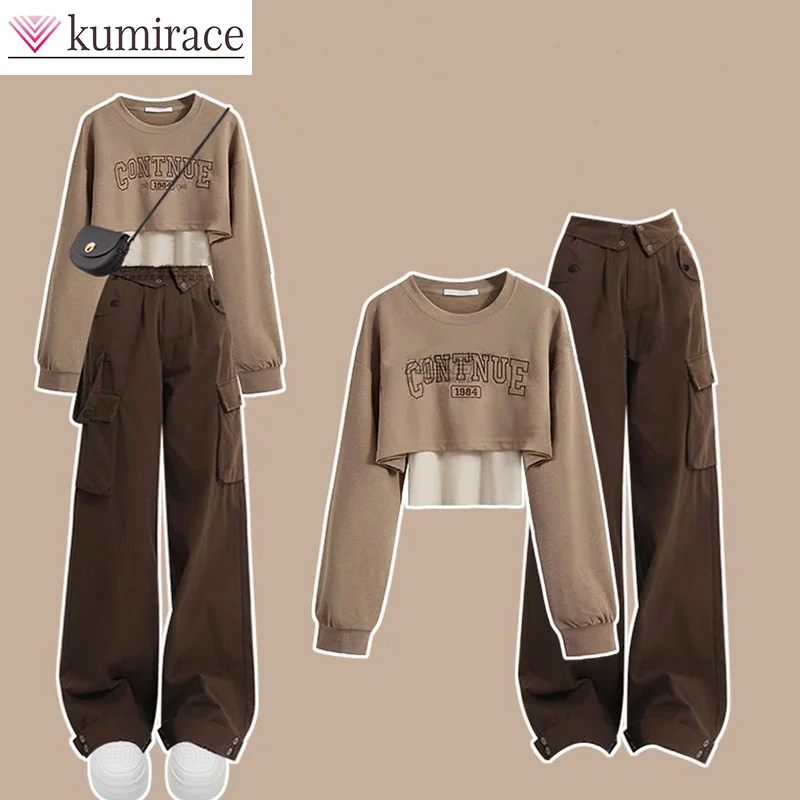 Top Trends: Autumn Wear Women's Set 2023 New Korean Edition Round Neck Top With Hanging Strap Work Pants Three Piece Set Clothes For Women Shoppable Styles