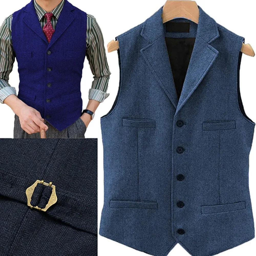 Top Trends: Tweed Herringbone Mens Suit Vest Slim Fit Notch Lapel With 4 Pockets Groomsmen Wedding Waistcoat For Wedding Shoppable Styles