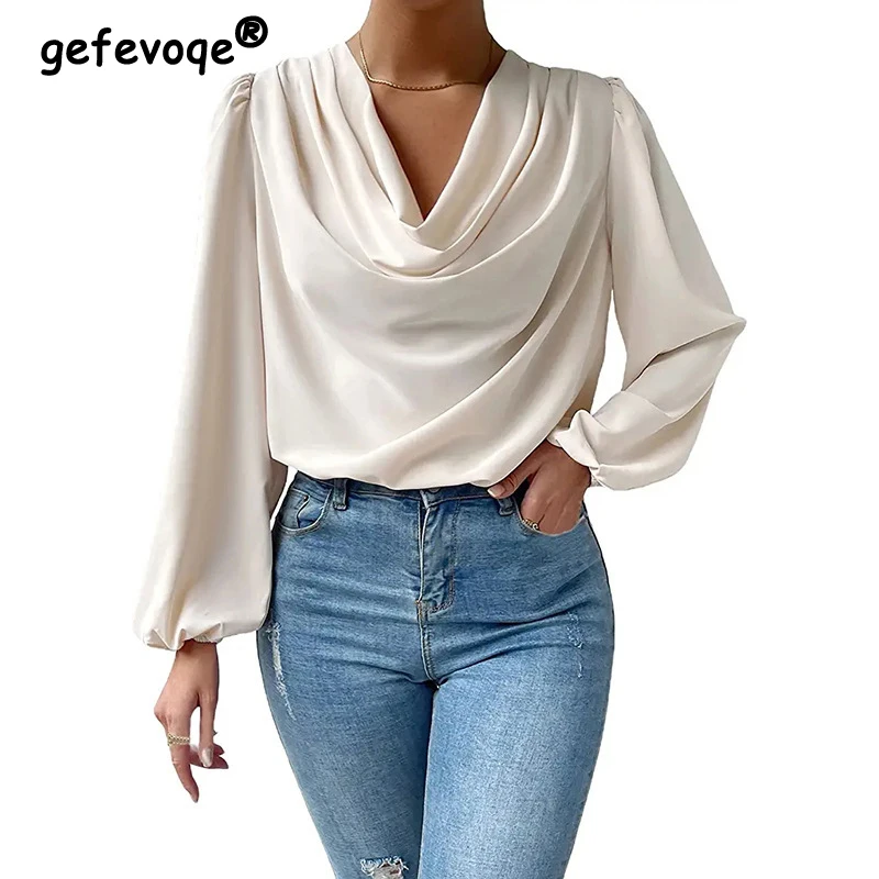 Top Trends: Women Clothing Fashion V Neck Long Sleeve Blouse Solid Elegant Office Lady Casual Shirt Spring Summer Loose Pullover Tops Blusas Shoppable Styles