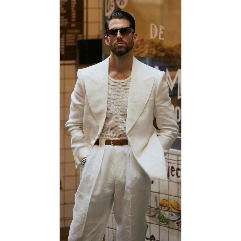 Top Trends: Latest Linen Men Suits Blazer Pants Designs Slim Fit Peak Lapel 2 Pieces Best Men Wedding Tuxedos Groom Wear Costume Homme Shoppable Styles