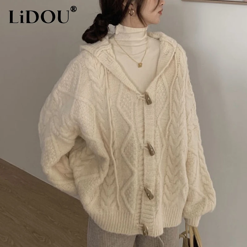 Top Trends: Autumn Winter New Solid Color Fashion Long Sleeve Sweater Women High Street Casual Loose Jacquard Weave Button Thicken Cardigan Shoppable Styles