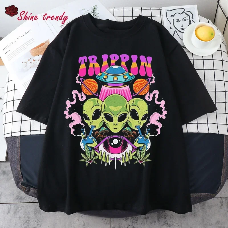 Top Trends: Harajuku Gothic Women T Shirt Alien Print Short Sleeve Tops Tees Summer Fashion Oversized T Shirt Women Clothing Female T-shirts Shoppable Styles