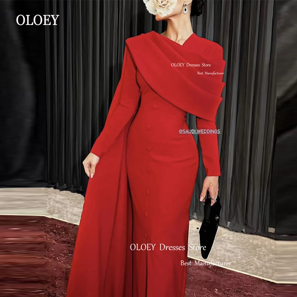 Top Trends: OLOEY Modest Red Evening Dresses Saudi Arabic Women Long Sleeves V Neck Buttons Formal Occasion Party Dress Vintage Celebrity Shoppable Styles