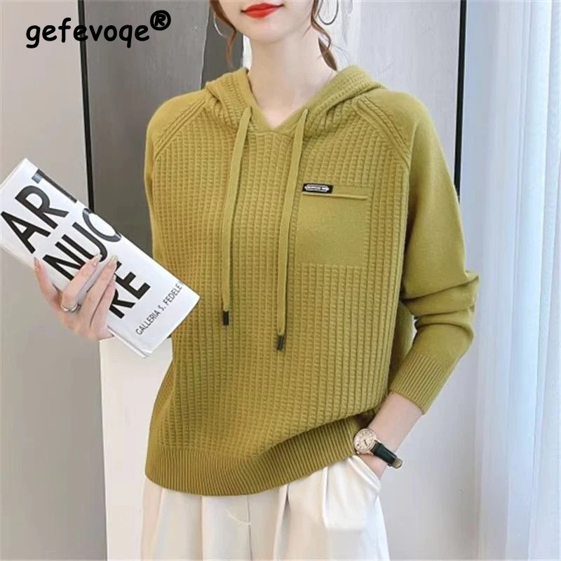 Top Trends: Women Autumn Korean Fashion Appliques Hooded Sweatshirts Female Simple Casual Drawstring Hoodies Solid Long Sleeve Pullover Tops Shoppable Styles