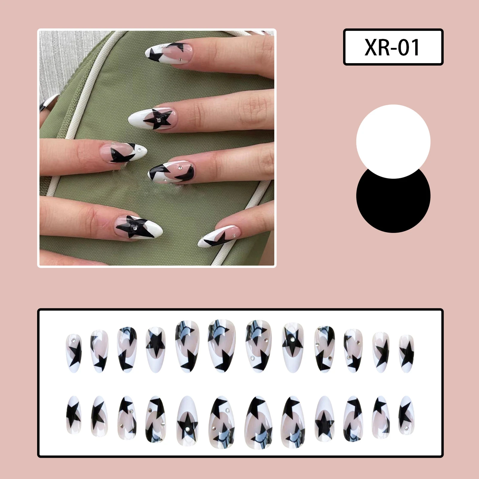 Top Trends: Short Almond Y2k Nails Press On Nail With Black Pentacle Star Designs 24pcs White French False Nails Rhinestone Fake Nail Tips Shoppable Styles - Image 2