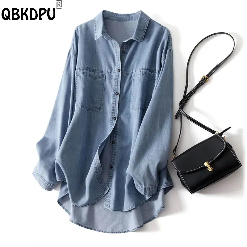 Top Trends: Oversize 85kg Loose Basic Jean Shirts Women Polo Collar Classical Denim Blouses 2023 Spring Fall Pocket Wash Blue Casual Blusas Shoppable Styles