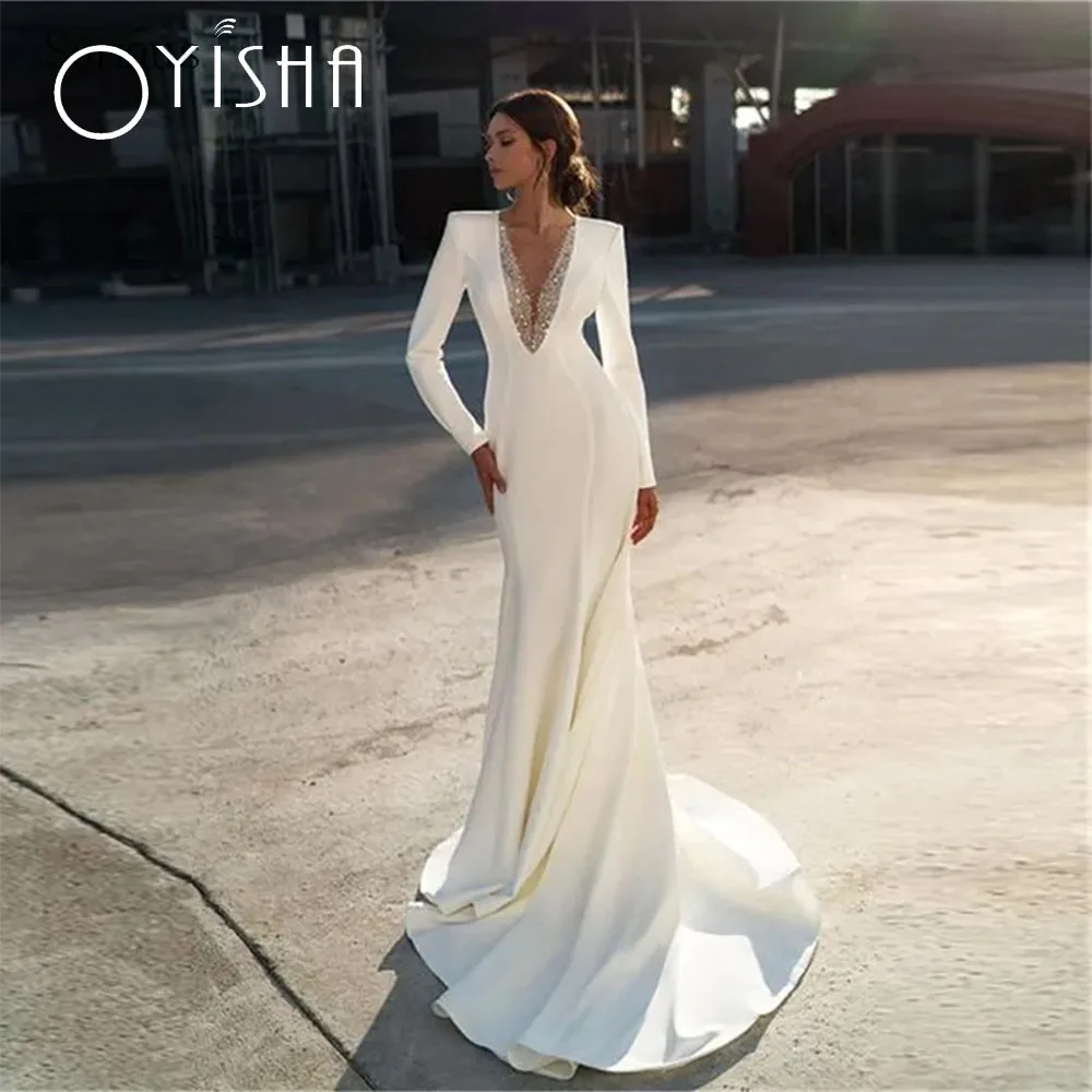 Top Trends: OYISHA Elegant Beaded V Neck White Mermaid Wedding Dresses Long Sleeves Satin Bridal Gown Sweep Train Beach Robe De Mariee 2023 Shoppable Styles