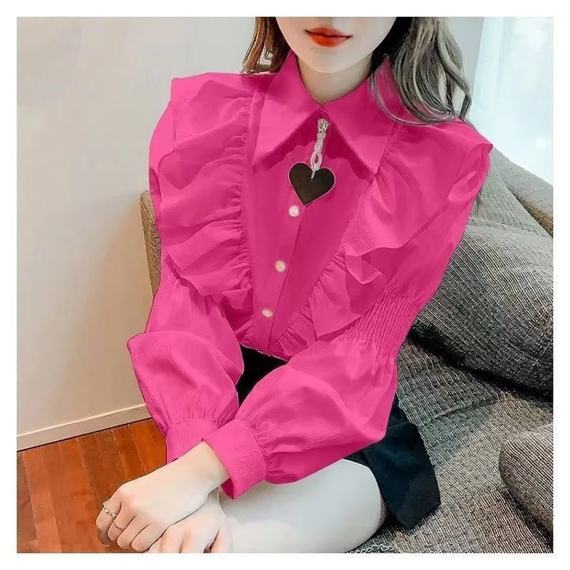 Top Trends: Fashion Lapel Ruffles Lantern Sleeve Shirts Women&#039;s Clothing 2023 Autumn Winter Solid Color Commute Tops Sweet Blouses Shoppable Styles