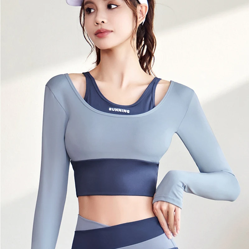 Top Trends: Women Sports Shirt Fake Two Pieces Contrast Crop Tops Tights Gym Top Yoga Shirts Sportswear Fitness Running Training Tank Top Shoppable Styles