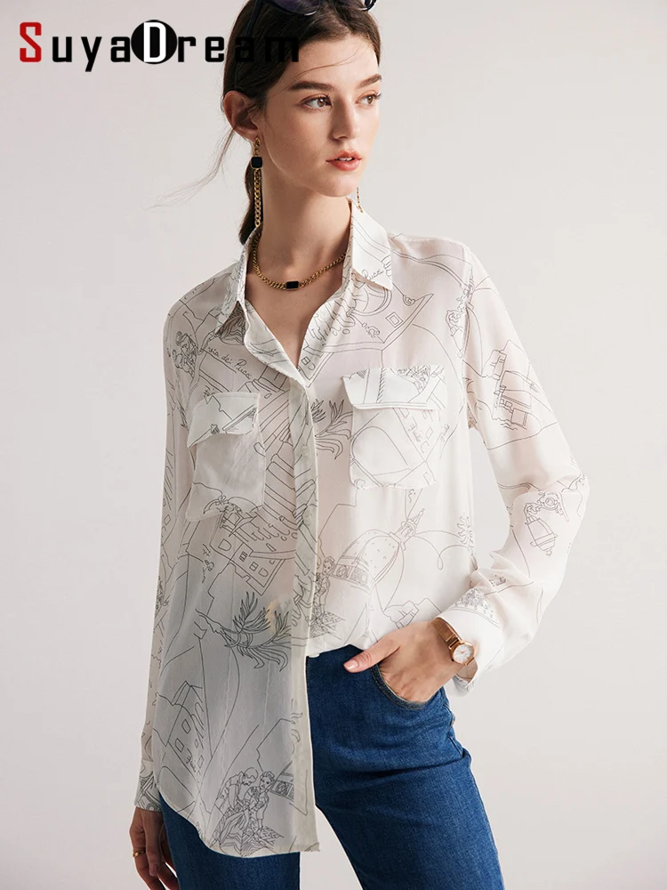 Top Trends: SuyaDream Women Printed Shirts 100% Silk Crepe De Chine Chest Pockets Chic White Blouses 2023 Fall Winter Office Lady Plain Top Shoppable Styles