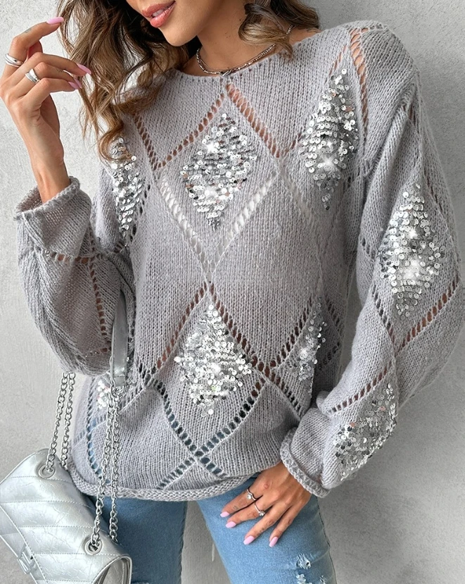 Top Trends: Argyle Pattern Contrast Sequin Knit Sweater 2023 New Autumn Winter Women's Plain Round Neck Long Sleeve Casual Daily Sweater Shoppable Styles