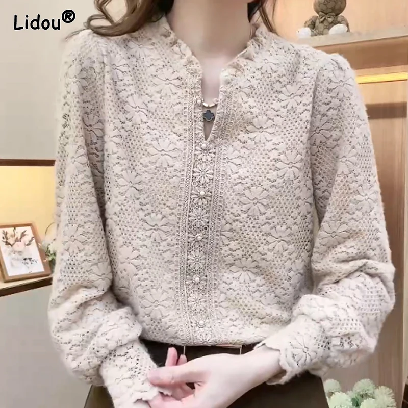 Top Trends: 2023 New Spring And Autumn And Winter Western Style Korean Commuter Fashion Stand Up Neck Lace Jacquard Plush Thickened Shirt Shoppable Styles