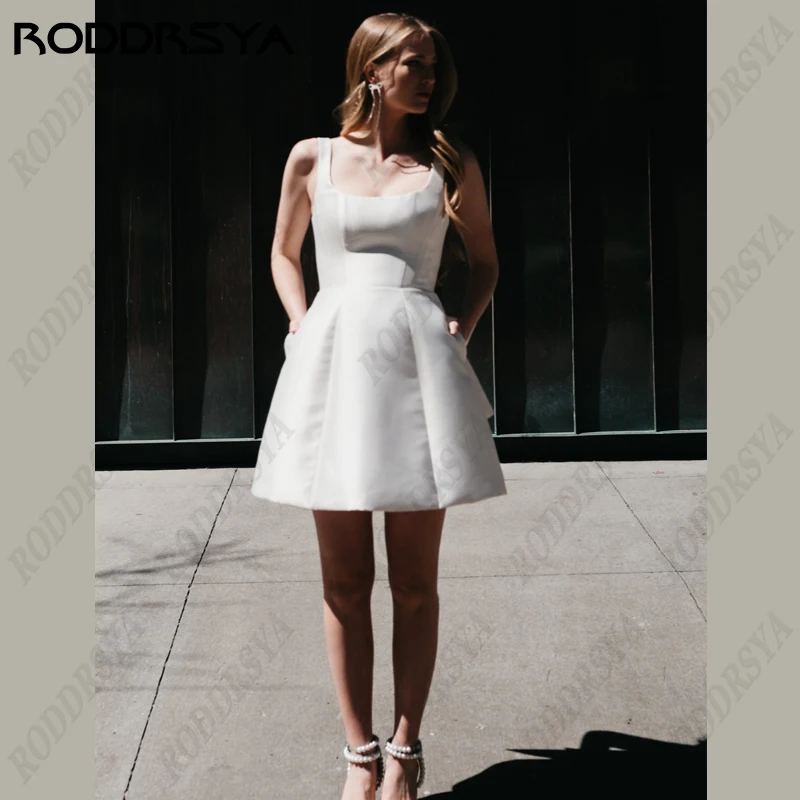 Top Trends: RODDRSYA Short Mini Satin Wedding Dress Square Collar Removable Bow Robe De Mariee Spaghetti Straps Backless A-line Bride Party Shoppable Styles