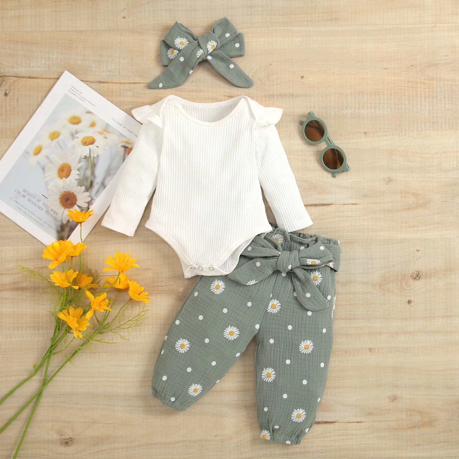 Top Trends: BeQeuewll Baby Girls 3PCS Romper Suit Long Sleeve Plain Ribbed Snap Romper + Daisies Ruched Long Pants With Belt + Bow Headband Shoppable Styles