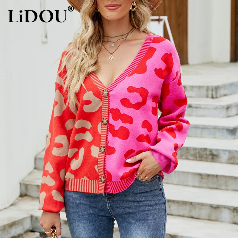 Top Trends: Autumn Winter Vintage Leopard Patchwork Knitting Coat Ladies Loose Casual All-match Cardigan Sweater Women's Button Jacket Top Shoppable Styles