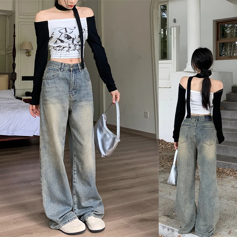 Top Trends: Autumn High Waist Slimming Wide Leg Pants Straight Pants Mopping Pants Women American Vintage Washed Distressed Trousers Jeans Shoppable Styles