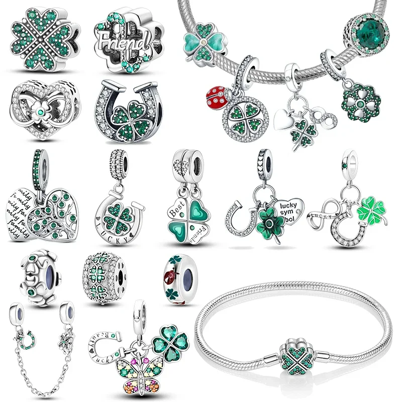 Top Trends: 925 Sterling Silver Green Series Four-leaved Clover Pendant Fine Beads Fit Original 925 Pandora Bracelet Charms Women Jewelry Shoppable Styles