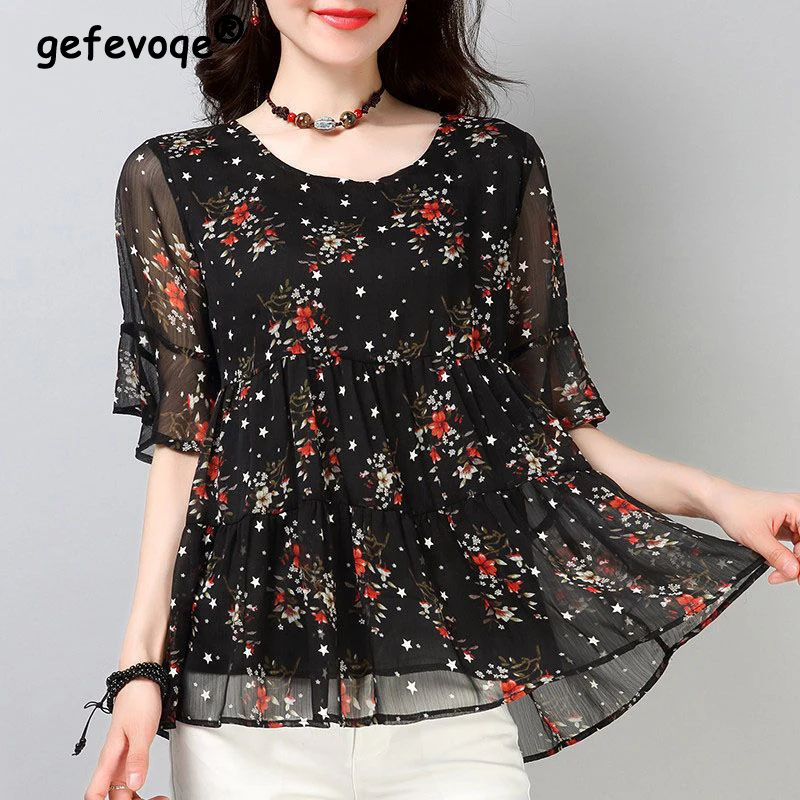 Top Trends: Summer Top Oversized Floral Print Casual Fashion Chiffon Blouse Female Flare Short Sleeve Loose All-match Pullover Shirt Women Shoppable Styles