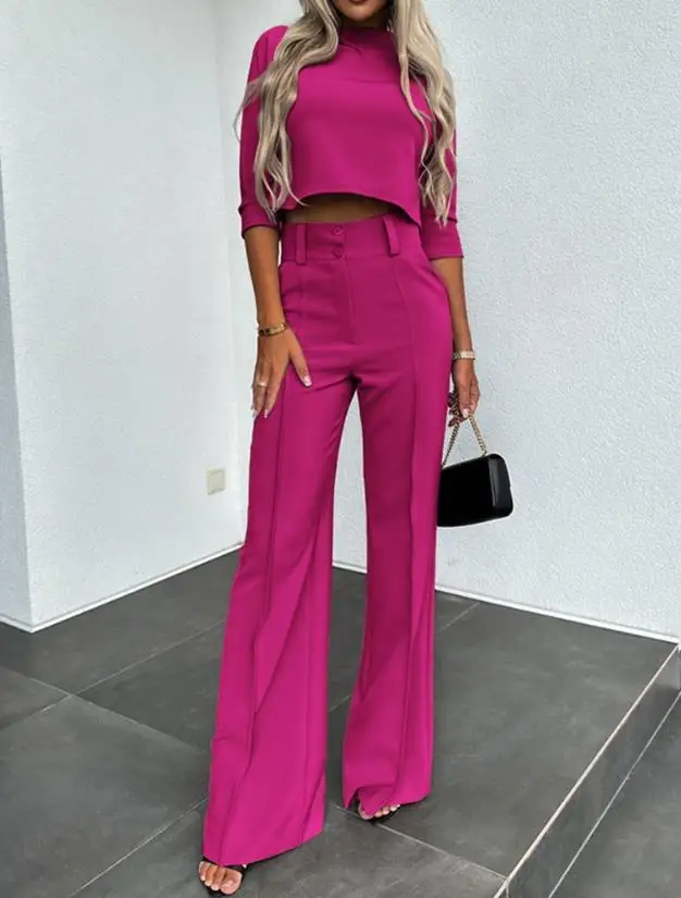 Top Trends: Two Piece Set Women Outfit 2023 Summer Fashion Plain Mock Neck Half Sleeve Crop Top & Elegant Pocket Design Buttoned Work Pants Shoppable Styles - Image 5