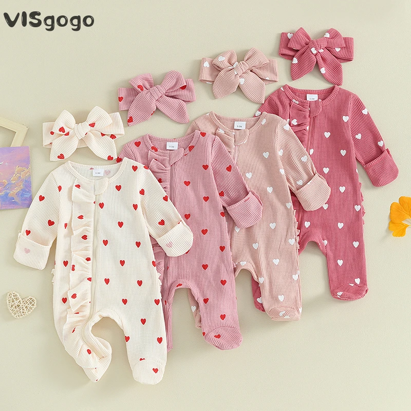 Top Trends: VISgogo Newborn Baby Girls Valentine's Day Jumpsuit Long Sleeve Crew Neck Heart Print Ruffle Zipper Romper With Headband Sets Shoppable Styles