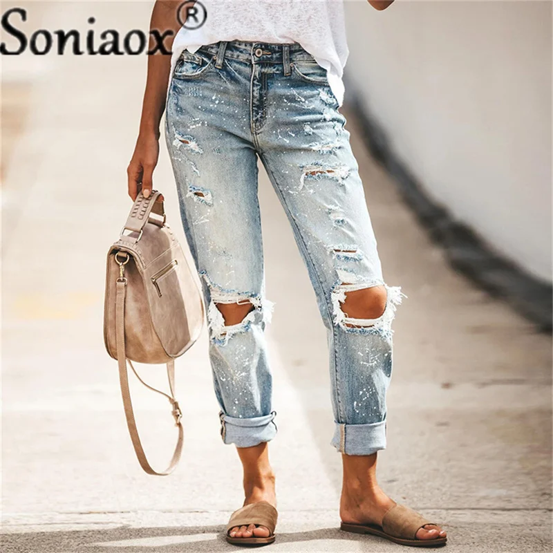 Top Trends: 2022 New Women Fashion Mid Waist Boyfriend Big Ripped Hole Jeans Casual High Street Denim Pants Ladies Sexy Vintage Pencil Jeans Shoppable Styles