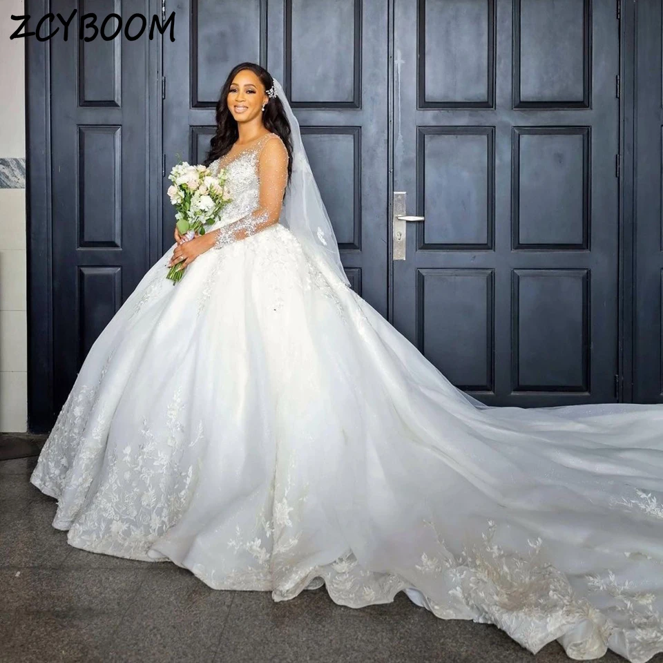 Top Trends: Luxury White Wedding Dress 2024 O-Neck Beaded Appliques Long Sleeves Ball Gown Floor Length Sweep Train Lace Up Bridal Gown Shoppable Styles