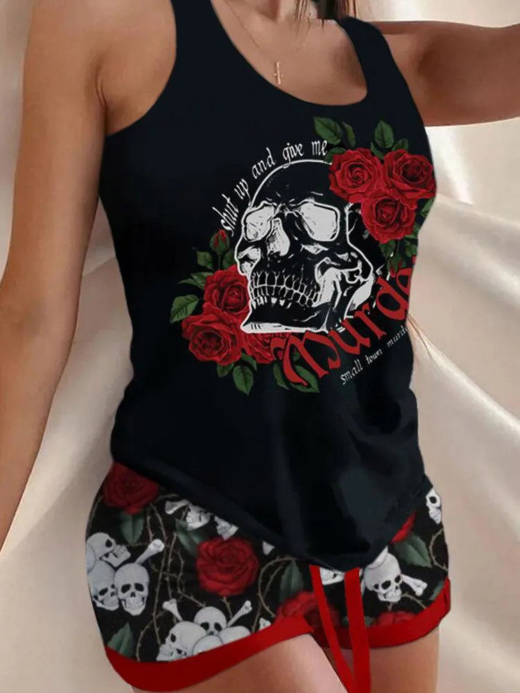 Top Trends: Women Summer Sleepwear Rose Skull Tank And Shorts Pajamas Set Cami Top And Shorts Set Nightwear Pajamas Set Sleeveless Nightwear Shoppable Styles