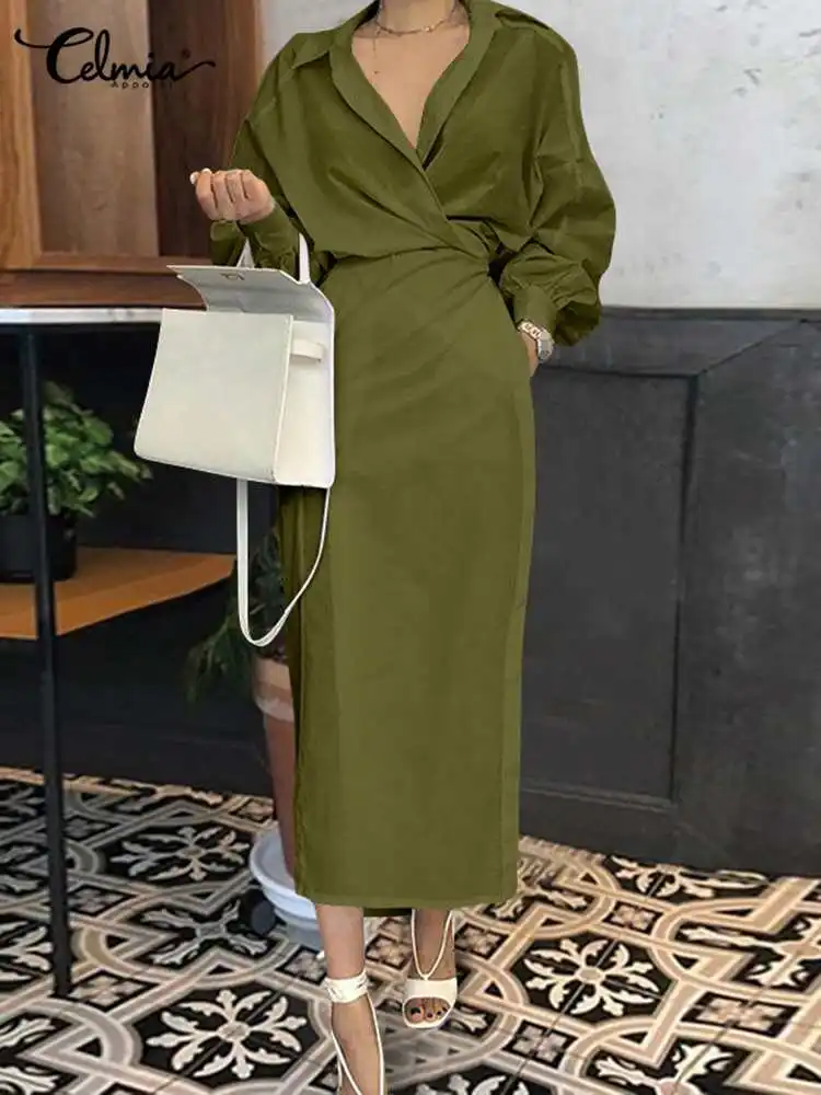 Top Trends: Women Casual Belted Shirt Dress Celmia Elegant Lapel Lantern Long Sleeve Leisure Midi Dress 2023 Fashion Solid Party Vestidos Shoppable Styles