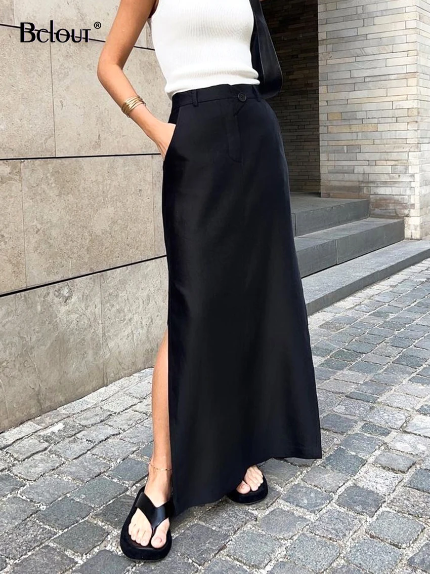 Top Trends: Bclout Elegant Black Long Skirt For Women Autumn Midi Waist Office Loose Skirts A-Line Pocket Ankle-Length Party Slit Skirt 2022 Shoppable Styles