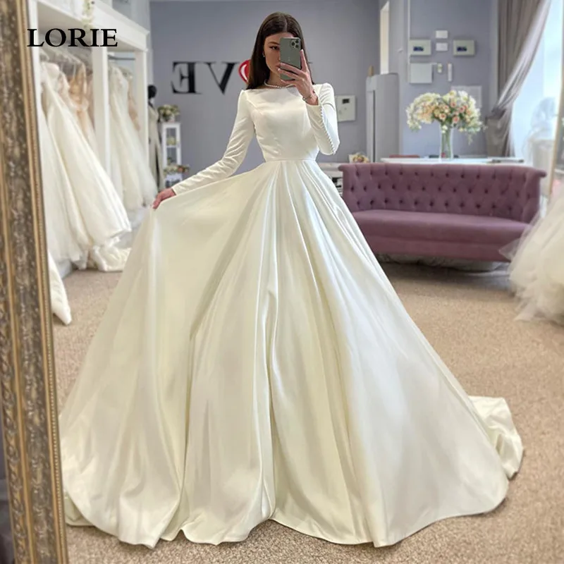 Top Trends: LORIE Princess Wedding Dresses A Line Boat Neck Bridal Gowns Long Sleeve Elegant Satin Wedding Party Gowns With Romantic Buttons Shoppable Styles