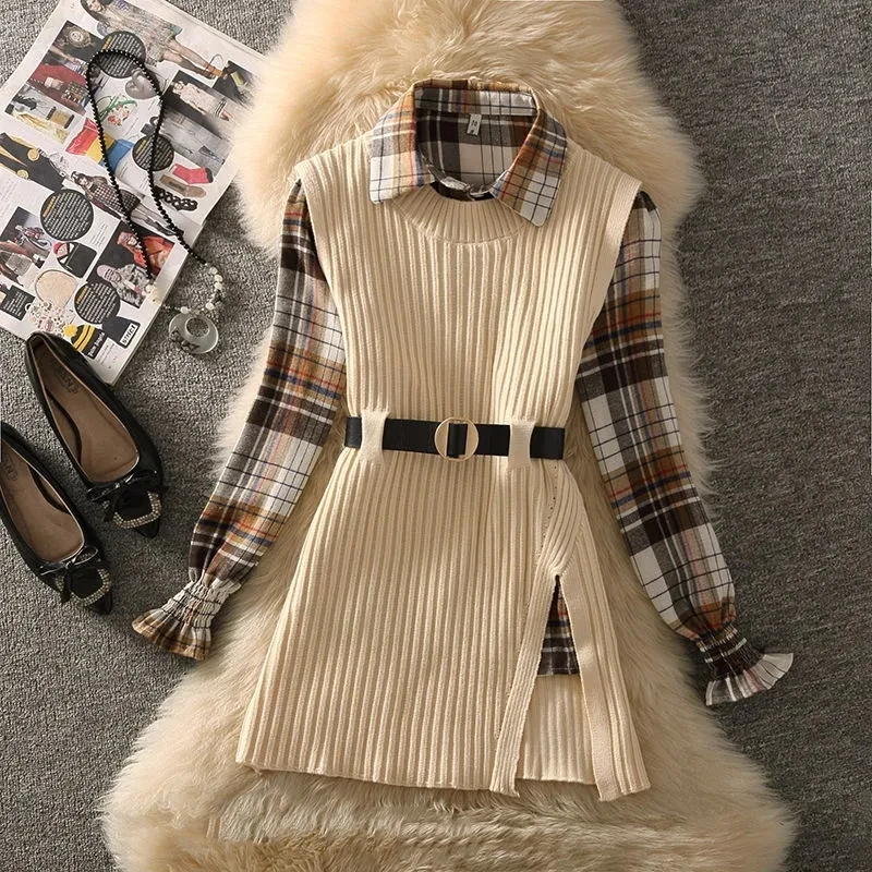 Top Trends: Fall Winter Two Pieces Suits Casual Outfits Womens Vintage Loose Plaid Blouses Top+ split Knit Tank Top Fashion Clothing Female Shoppable Styles