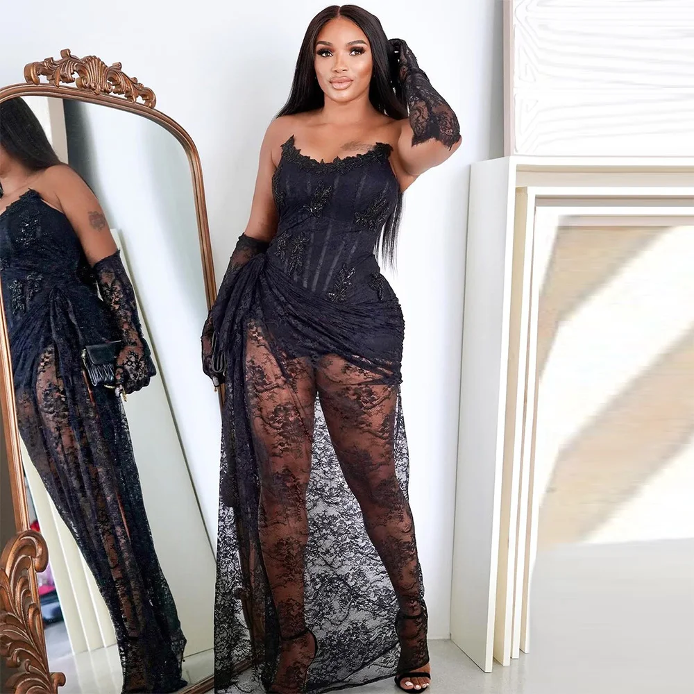 Top Trends: Sevintage Sexy Black Lace Appliques Mermaid Prom Dresses for Black Girls Side Split Birthday Party Dress Illusion Evening Gown Shoppable Styles