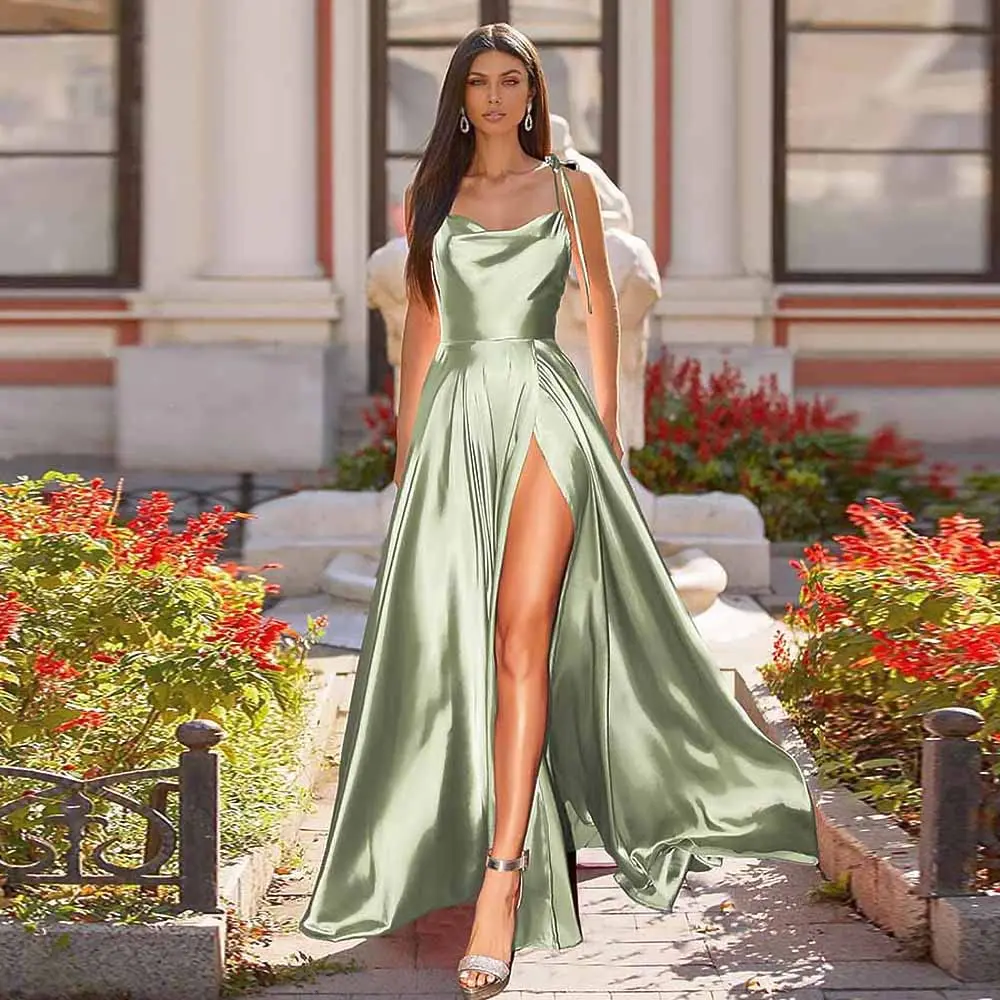 Top Trends: Women Spaghetti Strap Satin Prom Dress Long Elegant Mint Green Backless Summer A-line Maxi Evening Party Gown Vestidos Gala Shoppable Styles