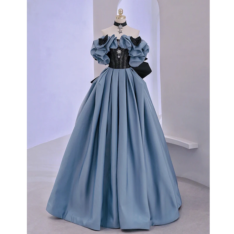 Top Trends: Blue Satin High-End Banquet Evening Dress Annual Meeting Boat Neck Covering Flesh Princess Dresses Puff Sleeve Ball Gown Shoppable Styles