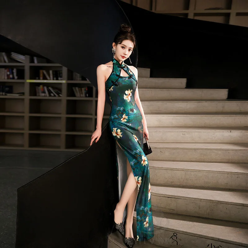 Top Trends: Green Blue Chinese National Cheongsam Women Summer Sexy Backless Dress Sleeveless Floral Vintage Dress Long Qipao S To 5XL Shoppable Styles