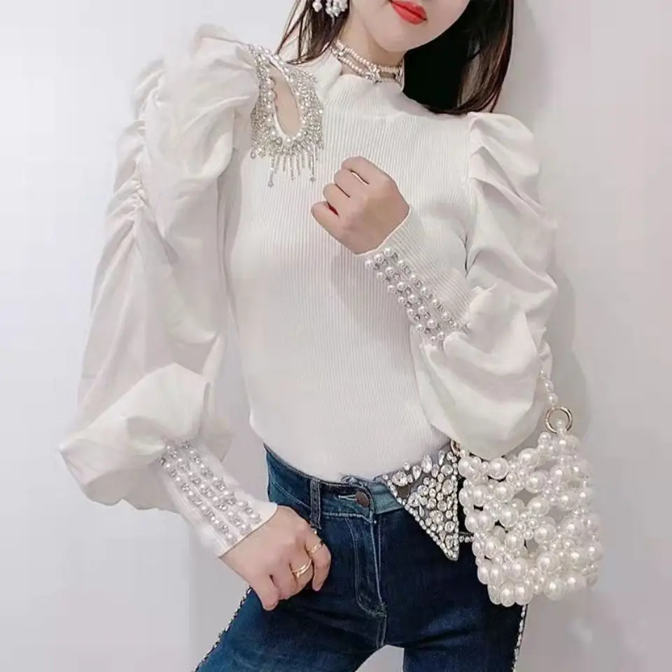 Top Trends: 2022 New Autumn Temperament Diamonds Stand Collar Lantern Sleeve Pullovers Ladies Ladies Hollow Out Knitting Tops Korean Pleated Shoppable Styles