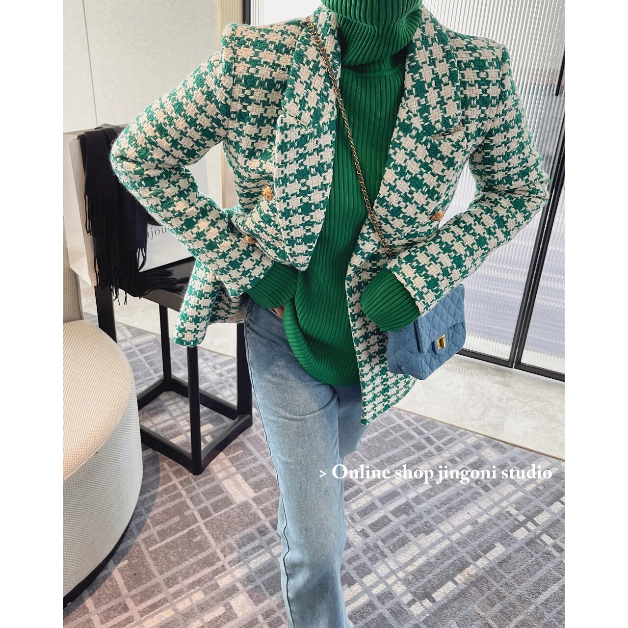 Top Trends: 2022 Winter Green Plaid Women Trench Coats Heavy Woolen Tweed Jackets Blazer New Korean Fashion Clothes Y2k Urban Chic Overcoat Shoppable Styles