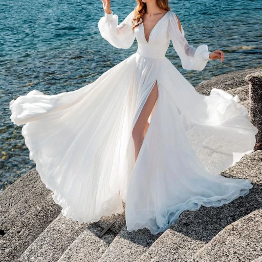 Top Trends: Beach V Neck Wedding Dresses Long Sleeves Chiffon Bridal Gown Custom Made Simple Bridal Gown With Slit Shoppable Styles