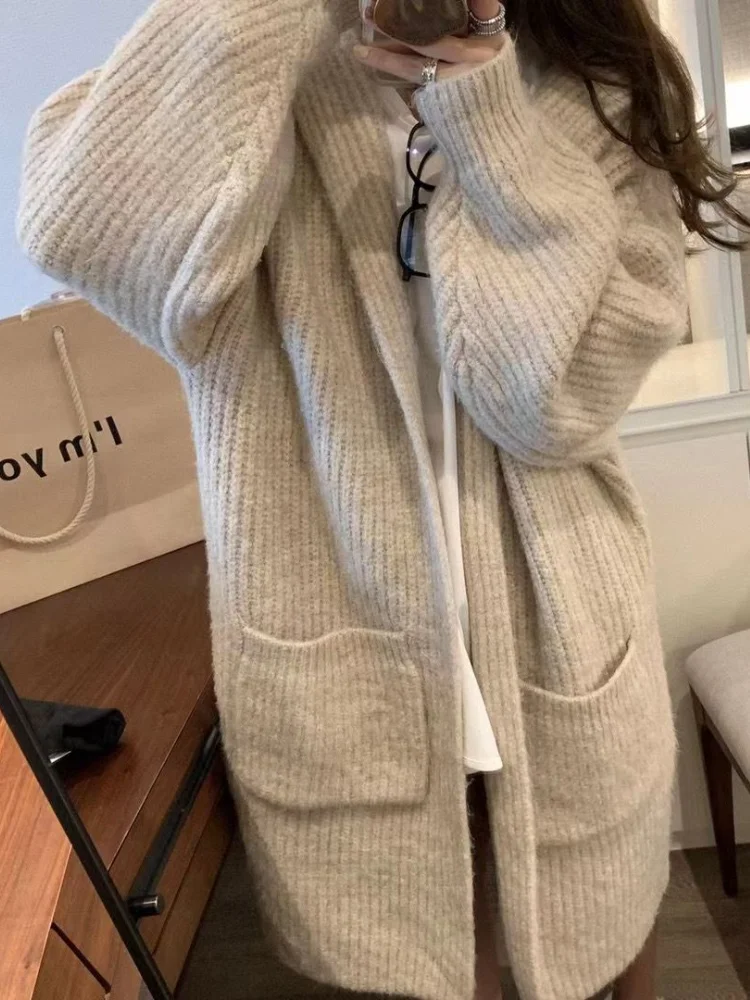 Top Trends: Korean Fashion Women Sweaters 2023 Autumn Winter Solid Hooded Long Knitted Cardigan Casual Coat For Women Clothing Knitwears Top Shoppable Styles - Image 2