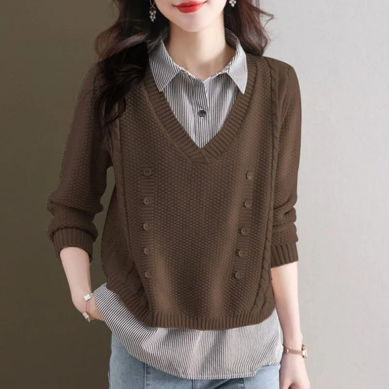 Top Trends: New Spring Fashion Versatile Loose Shirt Collar Fake Two Pieces Simple Casual Age Reducing Temperament Women's Knitted Sweater Shoppable Styles