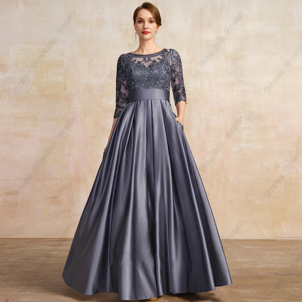 Top Trends: Grey Scoop Mother Of Bride Dresses For Women Three Quarter Satin Wedding Party Gown Lace 2023 Summer Vestido De Noche Shoppable Styles