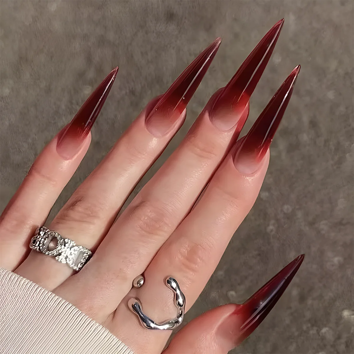 Top Trends: Wine Red Fake Nail Tips Long Pointed Head Glossy Press On Nails Wearable Full Cover INS Gradient Color False Nail Tips 24pcs Shoppable Styles