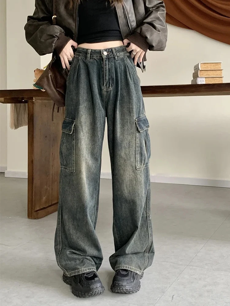 Top Trends: HOUZHOU Y2K Vintage Cargo Jeans Women Streetwear Denim Cargo Pants Female High Waist Wide Leg Trousers Pocket Loose Casual Shoppable Styles