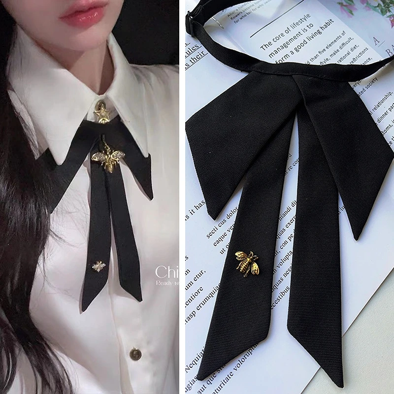 Top Trends: College Style Black Fabric Bow Tie Pearl Bee Fashion Shirt Collar Casual Solid Necktie Gifts For Women Accessories Wholesale Shoppable Styles