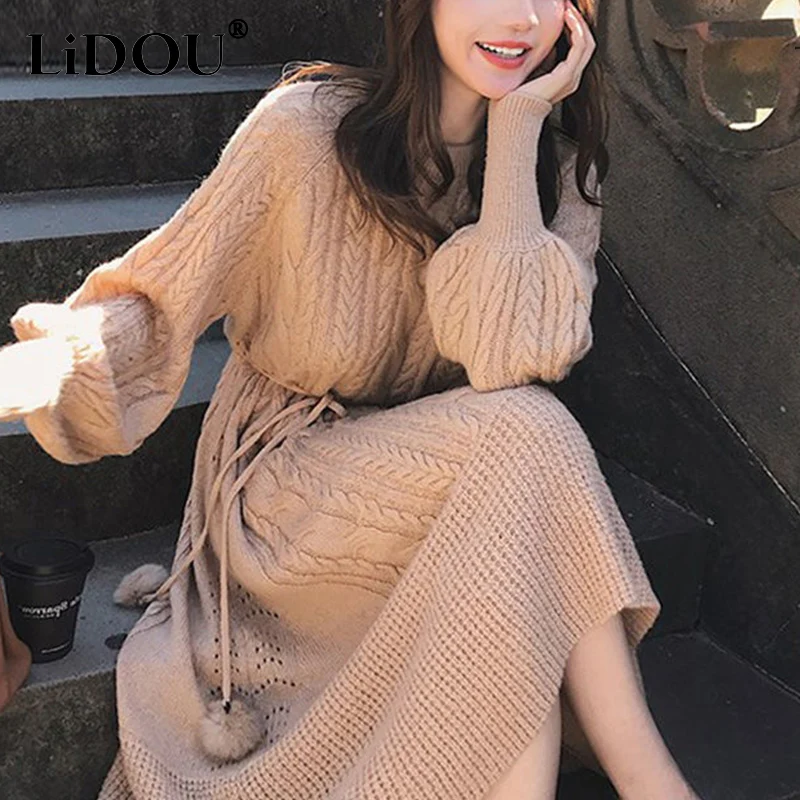 Top Trends: Autumn Winter Elegant Fashion All-match Sweater Dress Women Lantern Sleeve Loose Casual Knitting Robe Vestido Simple Dresses Shoppable Styles